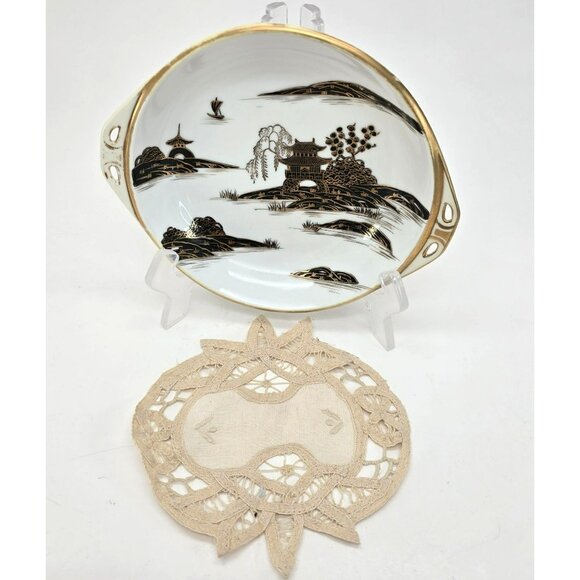 Nippon Japanese Porcelain Serving Bowl With Gold & Black Landscape & Doilie je17 - Picture 1 of 9